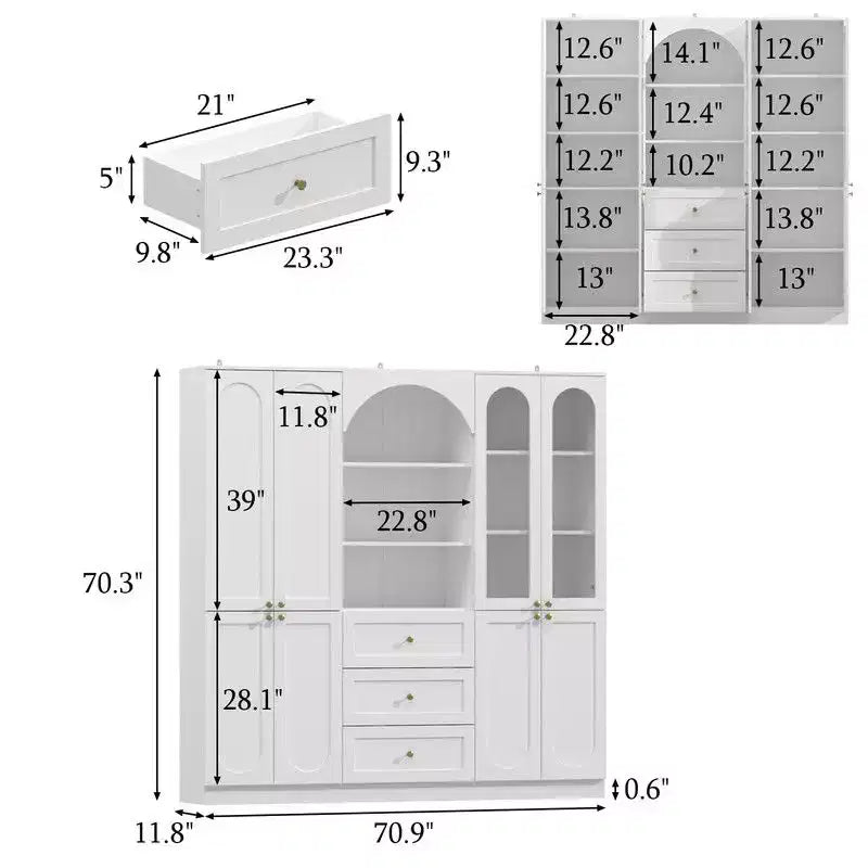 Dispensa da cucina Famapy bianca stile rustico con arco e ante in vetro, armadio contenitore da cucina di grande capacità, mobile da cucina multi-cassetto, vetrina