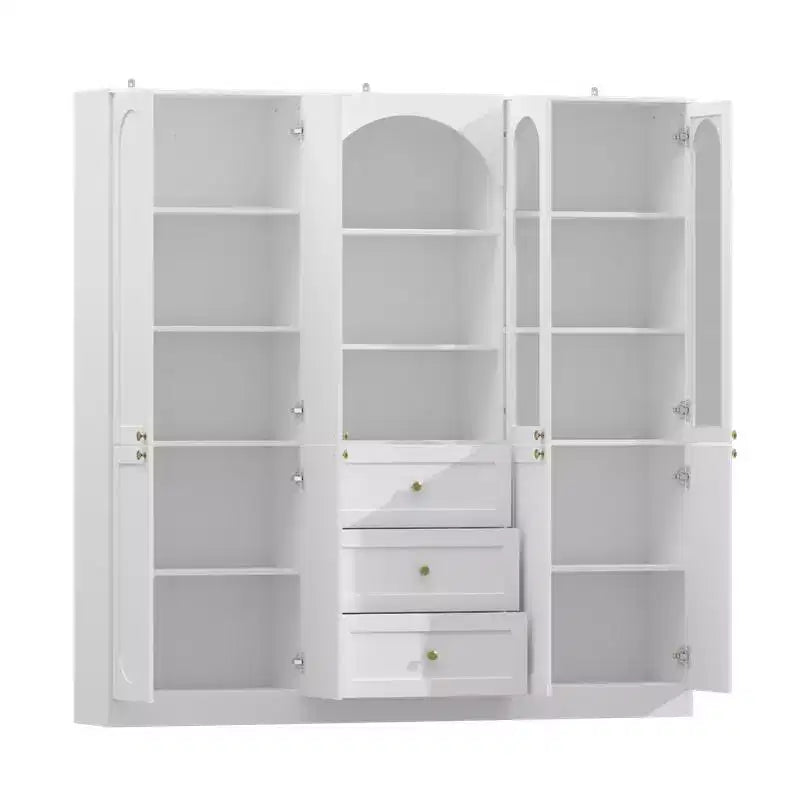 Dispensa da cucina Famapy bianca stile rustico con arco e ante in vetro, armadio contenitore da cucina di grande capacità, mobile da cucina multi-cassetto, vetrina