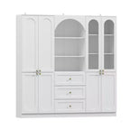 Dispensa da cucina Famapy bianca stile rustico con arco e ante in vetro, armadio contenitore da cucina di grande capacità, mobile da cucina multi-cassetto, vetrina