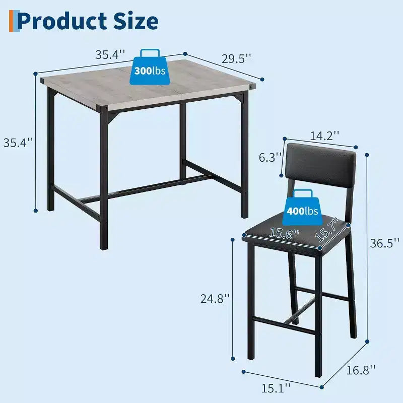 Acekool 5-Piece Counter Height Dining Table Set with Footrest & Corner Guard, 4 Upholstered Stools with Backrest, Space-Saving, Rustic Brown
