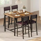 Acekool 5-Piece Counter Height Dining Table Set with Footrest & Corner Guard, 4 Upholstered Stools with Backrest, Space-Saving, Rustic Brown