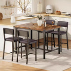 Acekool 5-Piece Counter Height Dining Table Set with Footrest & Corner Guard, 4 Upholstered Stools with Backrest, Space-Saving, Rustic Brown