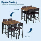 Acekool 5-Piece Counter Height Dining Table Set with Footrest & Corner Guard, 4 Upholstered Stools with Backrest, Space-Saving, Rustic Brown