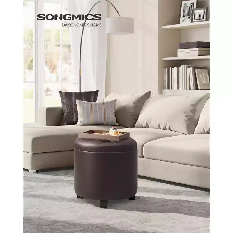 Pouf rotondo contenitore con capacità di 150 kg, sgabello/poggiapiedi in pelle sintetica da 45 cm per soggiorno, marrone castagna
