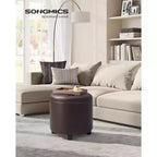 Pouf rotondo contenitore con capacità di 150 kg, sgabello/poggiapiedi in pelle sintetica da 45 cm per soggiorno, marrone castagna