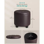 Pouf rotondo contenitore con capacità di 150 kg, sgabello/poggiapiedi in pelle sintetica da 45 cm per soggiorno, marrone castagna