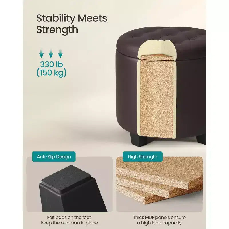 Pouf rotondo contenitore con capacità di 150 kg, sgabello/poggiapiedi in pelle sintetica da 45 cm per soggiorno, marrone castagna