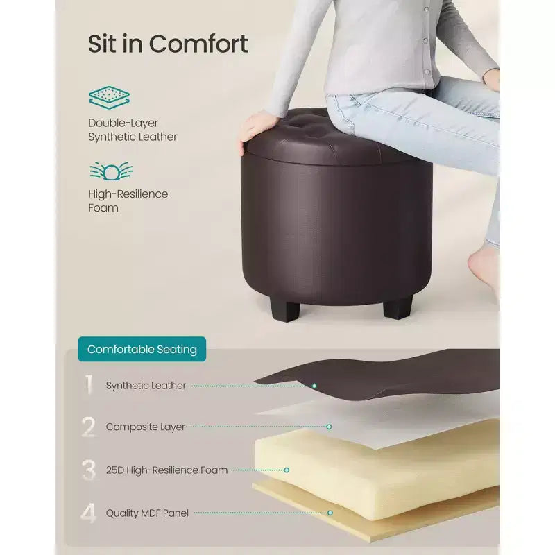 Pouf rotondo contenitore con capacità di 150 kg, sgabello/poggiapiedi in pelle sintetica da 45 cm per soggiorno, marrone castagna