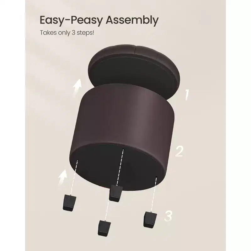 Pouf rotondo contenitore con capacità di 150 kg, sgabello/poggiapiedi in pelle sintetica da 45 cm per soggiorno, marrone castagna