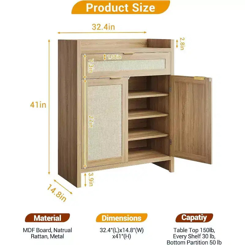COZONY Rattan Shoe Cabinet Set with Adjustable Shelves, Farmhouse Entryway Storage Organizer with Drawer, Boho Style Wooden Cabinet