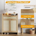 COZONY Rattan Shoe Cabinet Set with Adjustable Shelves, Farmhouse Entryway Storage Organizer with Drawer, Boho Style Wooden Cabinet
