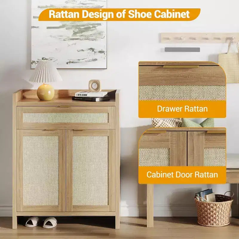 COZONY Rattan Shoe Cabinet Set with Adjustable Shelves, Farmhouse Entryway Storage Organizer with Drawer, Boho Style Wooden Cabinet