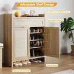COZONY Rattan Shoe Cabinet Set with Adjustable Shelves, Farmhouse Entryway Storage Organizer with Drawer, Boho Style Wooden Cabinet