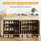 COZONY Rattan Shoe Cabinet Set with Adjustable Shelves, Farmhouse Entryway Storage Organizer with Drawer, Boho Style Wooden Cabinet