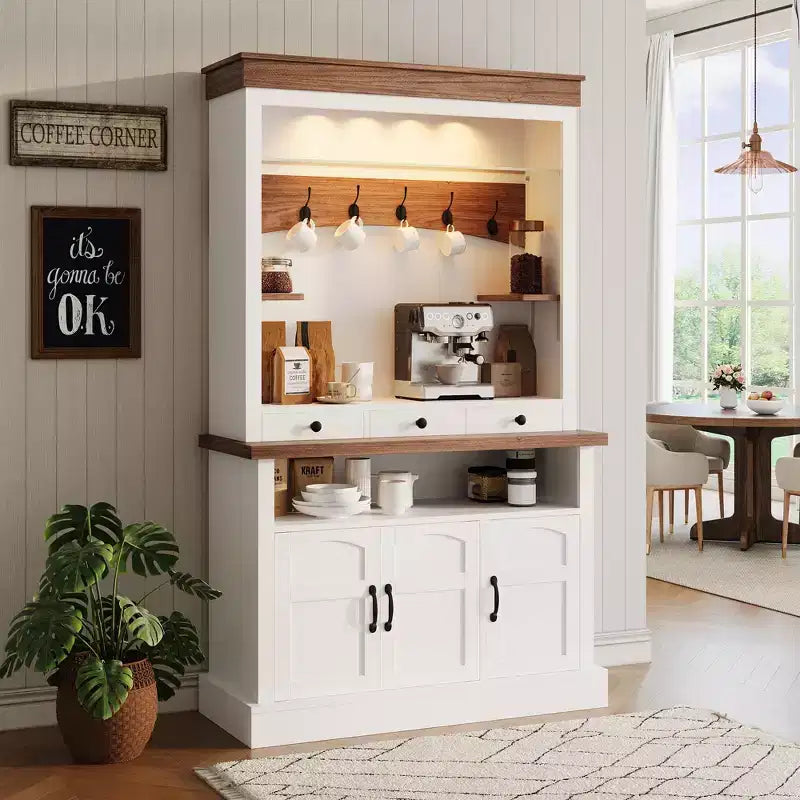 Farmhouse Coffee Cabinet - 72'' Tall with LED Lights, Doors/Drawer, Adjustable Shelves, Ample Storage for Kitchen/Dining Room