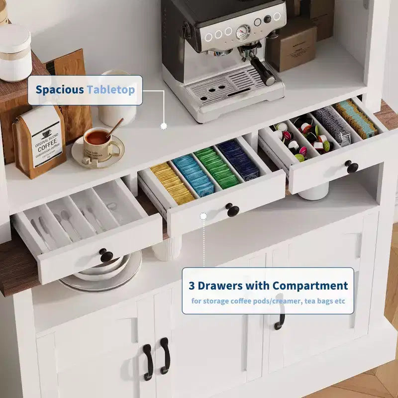 Mobile da Caffè Stile Fattoria - Alto 183 cm con Luci LED, Ante/Cassetto, Ripiani Regolabili, Ampio Spazio per Cucina/Sala da Pranzo