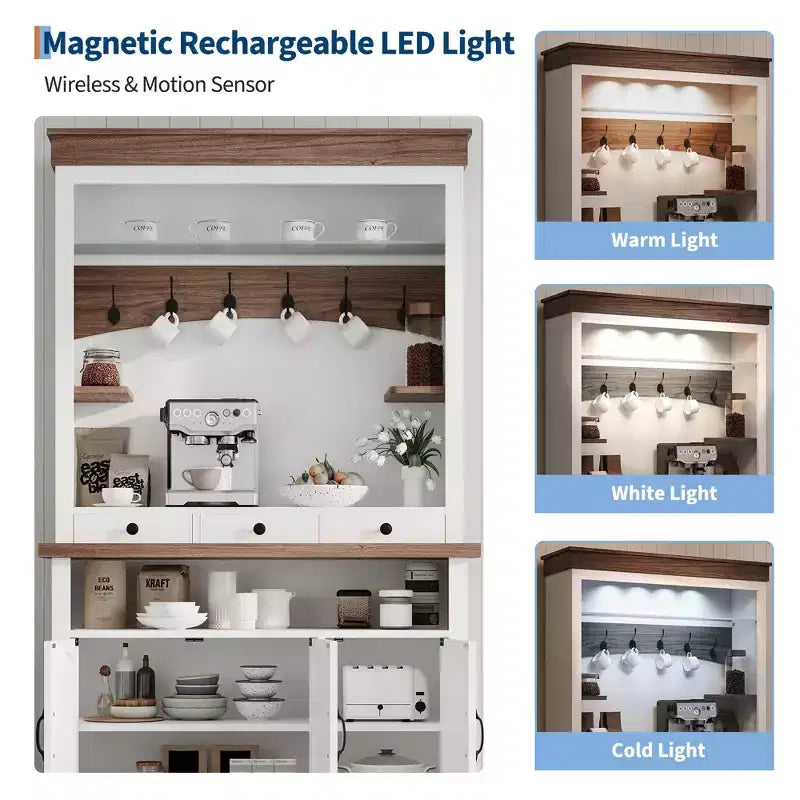 Mobile da Caffè Stile Fattoria - Alto 183 cm con Luci LED, Ante/Cassetto, Ripiani Regolabili, Ampio Spazio per Cucina/Sala da Pranzo