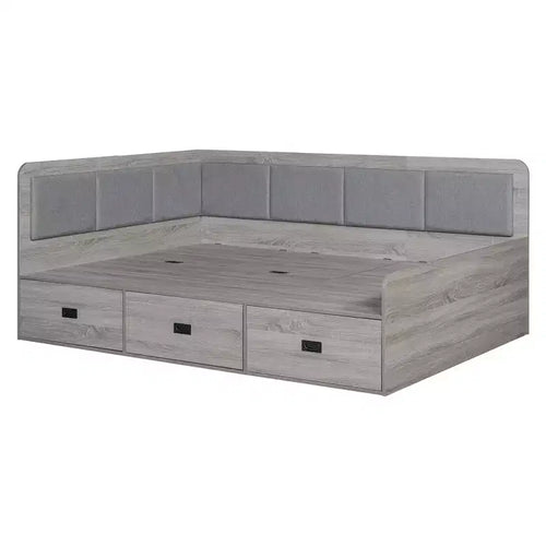 Bellemave Full Size L-Shaped Daybed with Storage, Upholstered Backrest, 3 Drawers & Shelves, Sofa Bed for Living Room or Bedroom, Grey