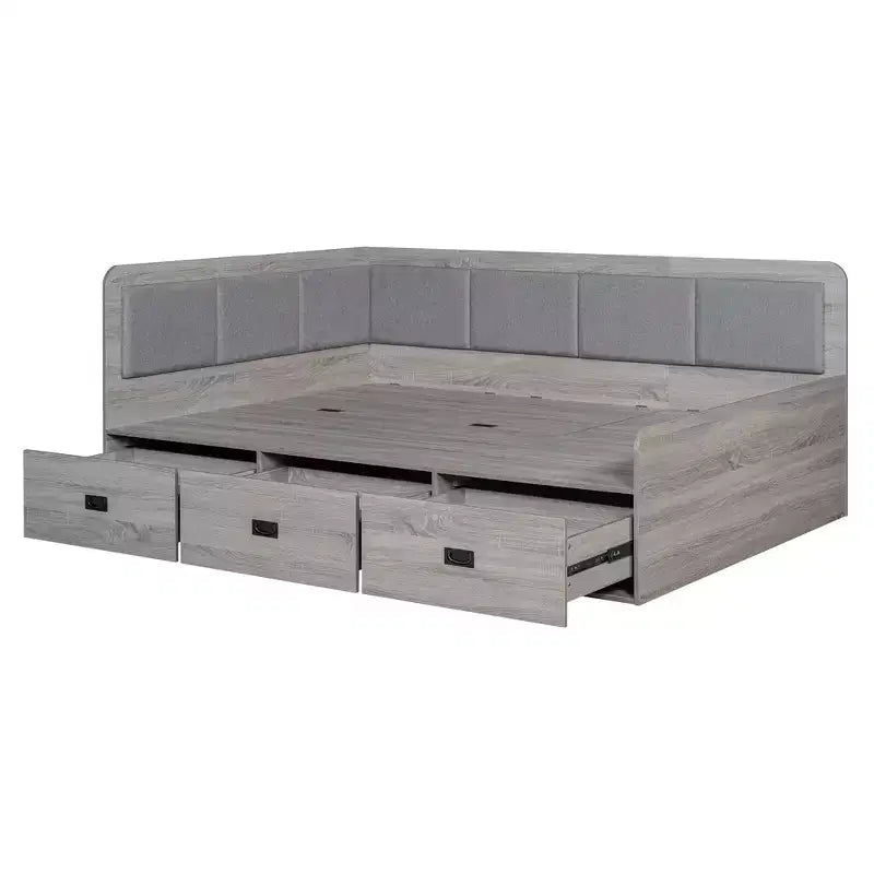 Bellemave Full Size L-Shaped Daybed with Storage, Upholstered Backrest, 3 Drawers & Shelves, Sofa Bed for Living Room or Bedroom, Grey