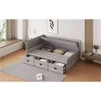 Bellemave Full Size L-Shaped Daybed with Storage, Upholstered Backrest, 3 Drawers & Shelves, Sofa Bed for Living Room or Bedroom, Grey