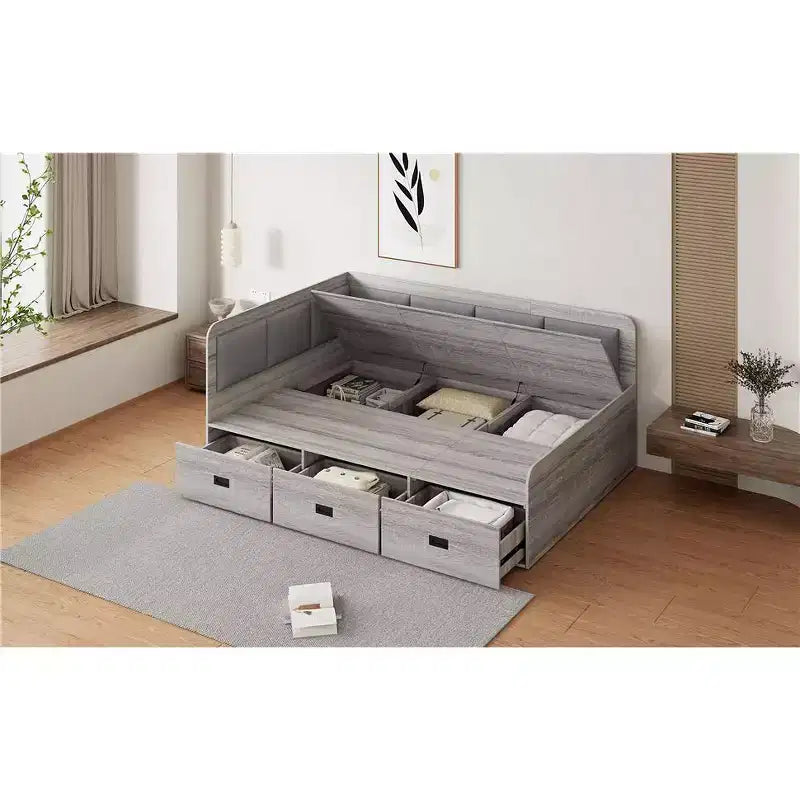 Bellemave Full Size L-Shaped Daybed with Storage, Upholstered Backrest, 3 Drawers & Shelves, Sofa Bed for Living Room or Bedroom, Grey
