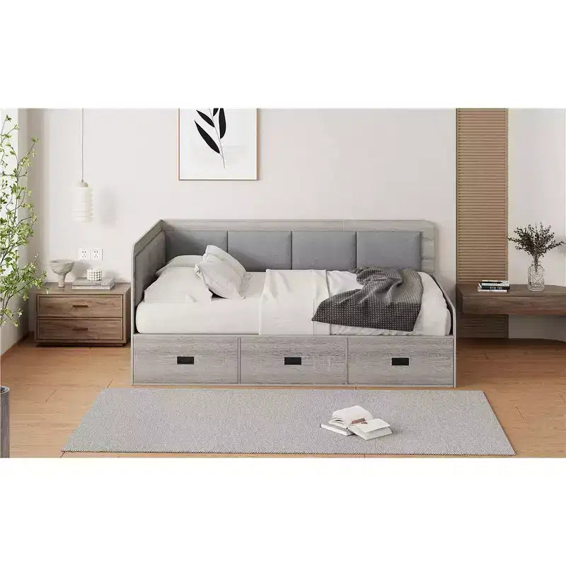 Bellemave Full Size L-Shaped Daybed with Storage, Upholstered Backrest, 3 Drawers & Shelves, Sofa Bed for Living Room or Bedroom, Grey