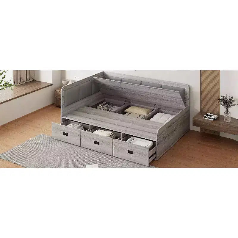 Bellemave Full Size L-Shaped Daybed with Storage, Upholstered Backrest, 3 Drawers & Shelves, Sofa Bed for Living Room or Bedroom, Grey