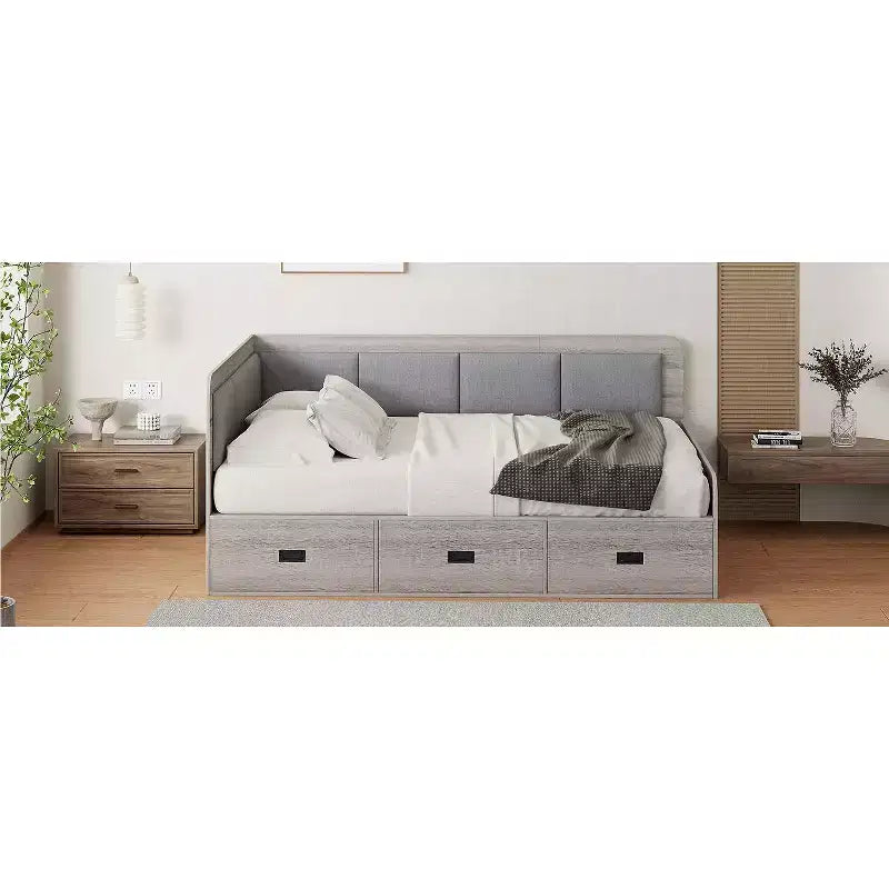 Bellemave Full Size L-Shaped Daybed with Storage, Upholstered Backrest, 3 Drawers & Shelves, Sofa Bed for Living Room or Bedroom, Grey