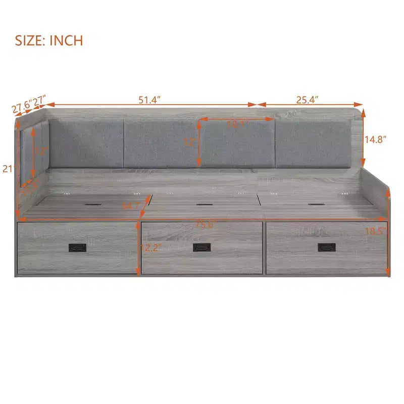 Bellemave Full Size L-Shaped Daybed with Storage, Upholstered Backrest, 3 Drawers & Shelves, Sofa Bed for Living Room or Bedroom, Grey
