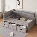Bellemave Full Size L-Shaped Daybed with Storage, Upholstered Backrest, 3 Drawers & Shelves, Sofa Bed for Living Room or Bedroom, Grey