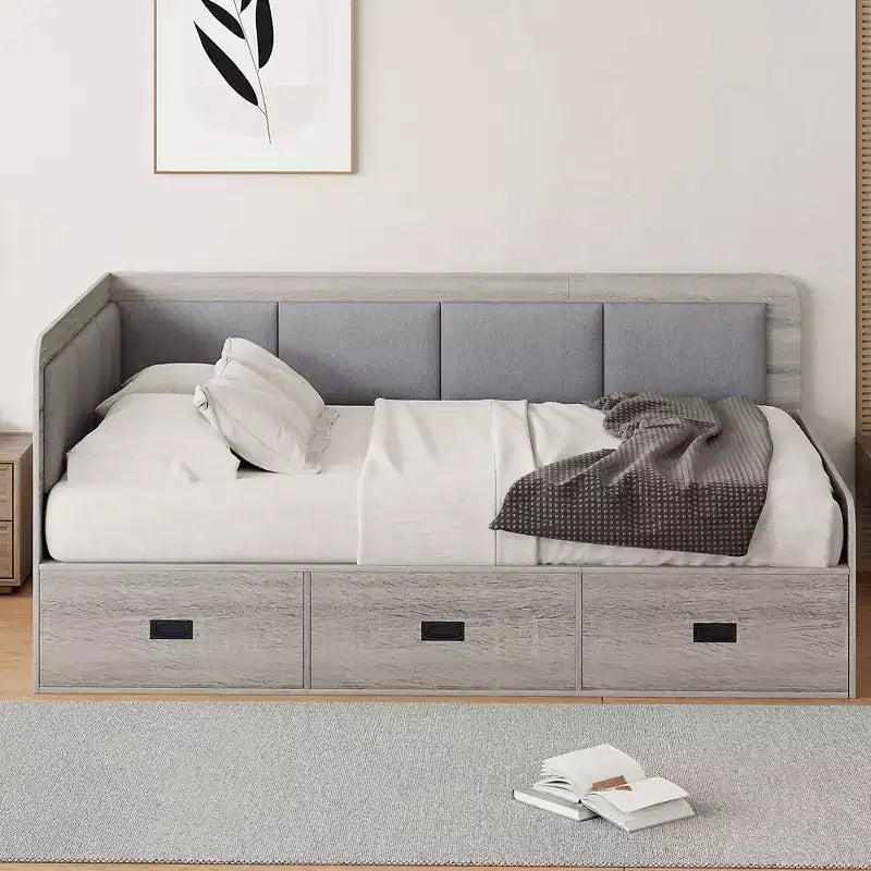 Bellemave Full Size L-Shaped Daybed with Storage, Upholstered Backrest, 3 Drawers & Shelves, Sofa Bed for Living Room or Bedroom, Grey