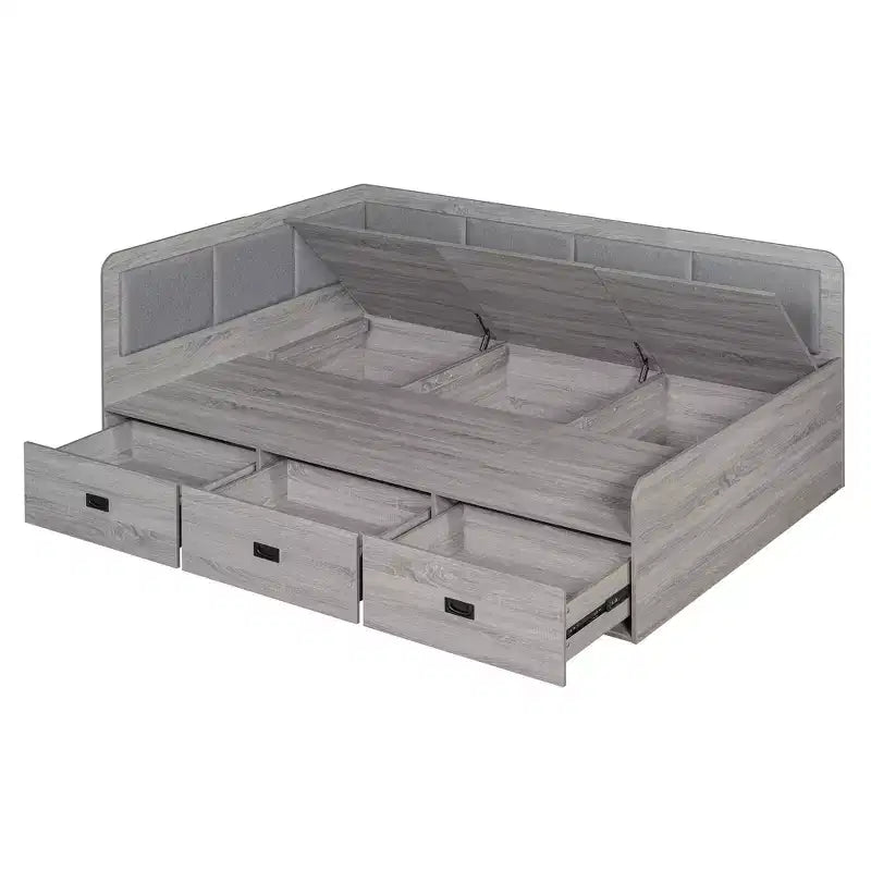 Bellemave Full Size L-Shaped Daybed with Storage, Upholstered Backrest, 3 Drawers & Shelves, Sofa Bed for Living Room or Bedroom, Grey