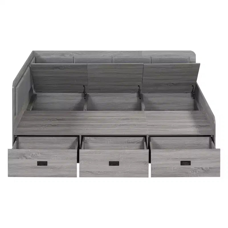 Bellemave Full Size L-Shaped Daybed with Storage, Upholstered Backrest, 3 Drawers & Shelves, Sofa Bed for Living Room or Bedroom, Grey