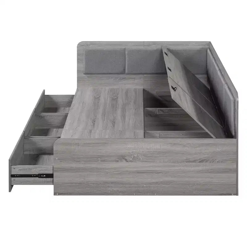 Bellemave Full Size L-Shaped Daybed with Storage, Upholstered Backrest, 3 Drawers & Shelves, Sofa Bed for Living Room or Bedroom, Grey