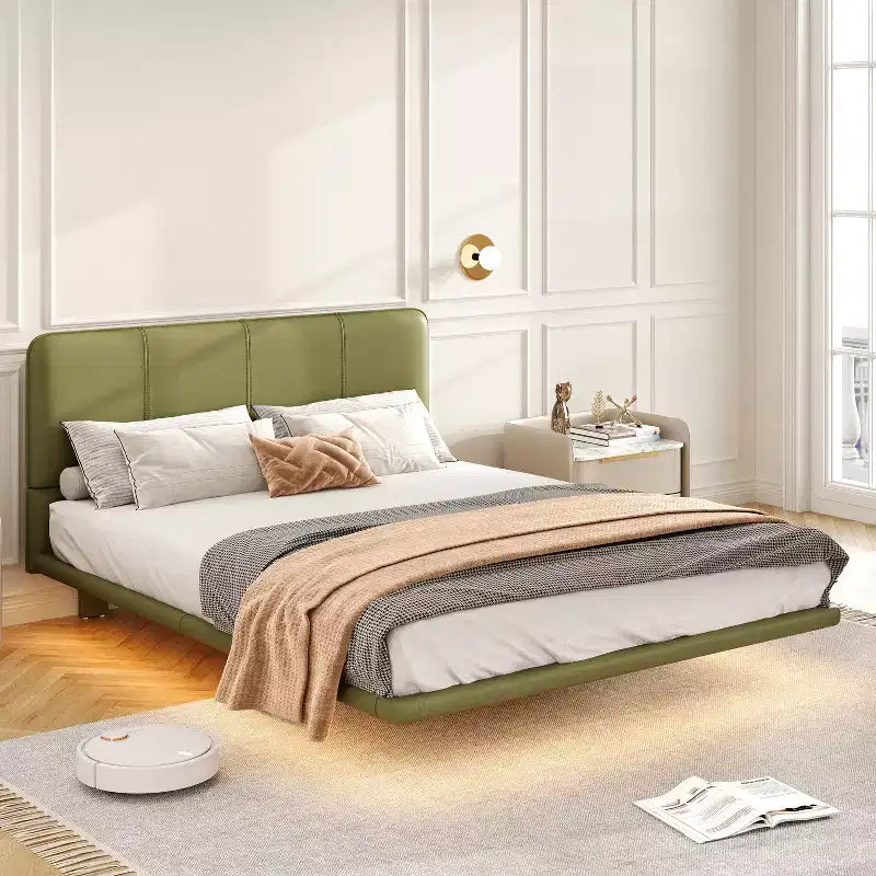 Full/Queen Size Platform Bed Frame PU Leather Floating Bed with LED Light - ModernLuxe