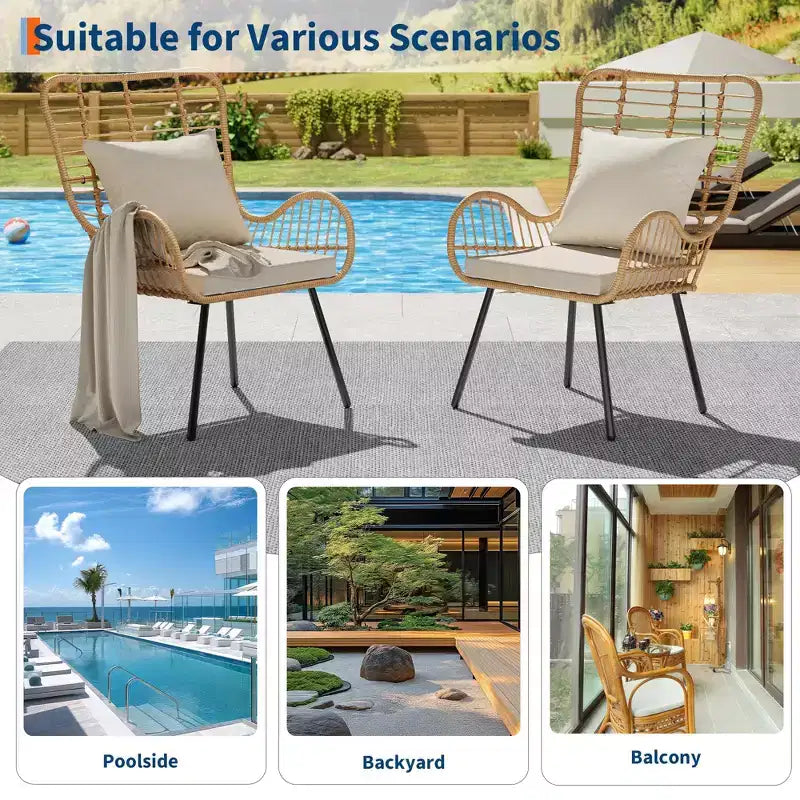 Patio Wicker Chairs Set of 2 - Outdoor/Indoor Boho Rattan Chair with Thick Cushions & Pillows, 330lb Weight Capacity, All Weather Wicker Rattan Chairs