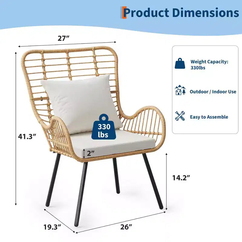 Patio Wicker Chairs Set of 2 - Outdoor/Indoor Boho Rattan Chair with Thick Cushions & Pillows, 330lb Weight Capacity, All Weather Wicker Rattan Chairs