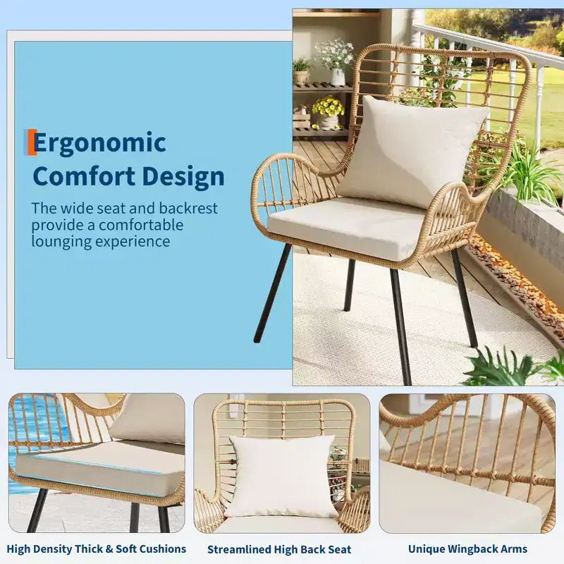 Patio Wicker Chairs Set of 2 - Outdoor/Indoor Boho Rattan Chair with Thick Cushions & Pillows, 330lb Weight Capacity, All Weather Wicker Rattan Chairs