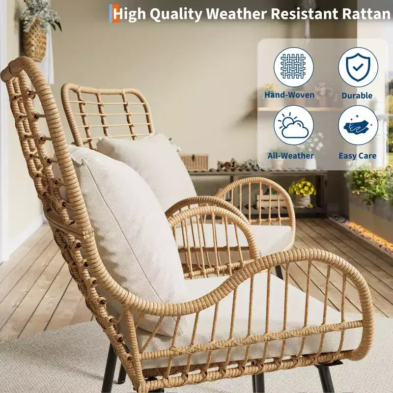 Patio Wicker Chairs Set of 2 - Outdoor/Indoor Boho Rattan Chair with Thick Cushions & Pillows, 330lb Weight Capacity, All Weather Wicker Rattan Chairs