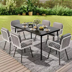 TROPOW Outdoor Dining Set, 150x90cm Black Metal Table with Tempered Glass Top & 6 Wicker Chairs, Patio Table and Chairs Set with Gray Cushions