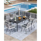 Set da pranzo da esterno TROPOW, tavolo in metallo nero 150x90cm con piano in vetro temperato e 6 sedie in vimini, set tavolo e sedie da patio con cuscini grigi