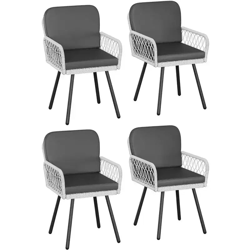 Set da pranzo da esterno TROPOW, tavolo in metallo nero 150x90cm con piano in vetro temperato e 6 sedie in vimini, set tavolo e sedie da patio con cuscini grigi