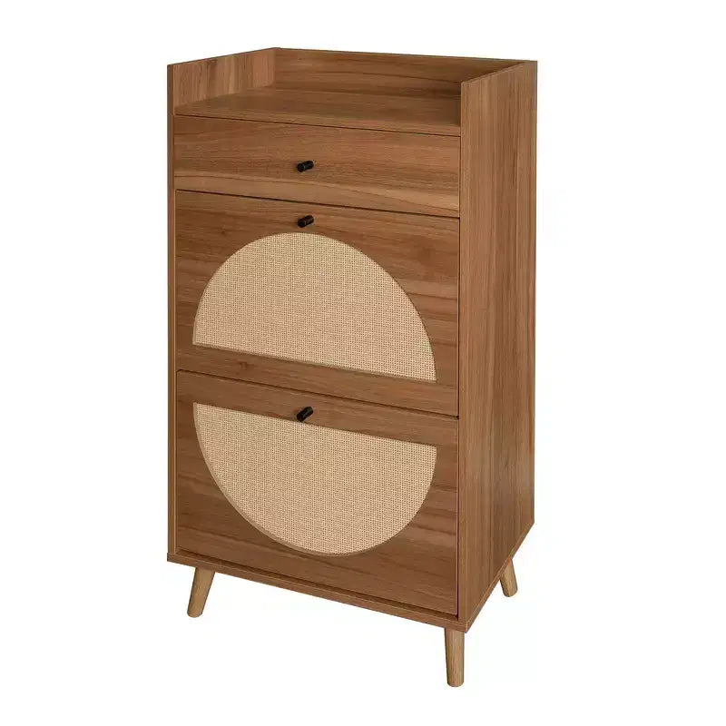 Okak Rattan Shoe Cabinet, Shoe Organizer 3 Panel Flip Drawers, Freestanding Shoe Rack for Entryway, Living Room, Hallway