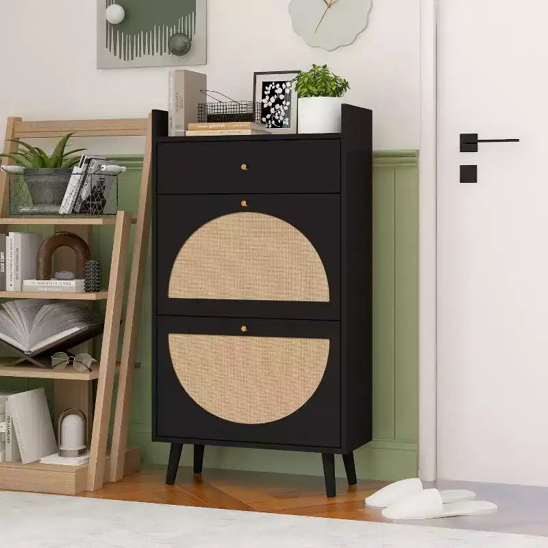 Okak Rattan Shoe Cabinet, Shoe Organizer 3 Panel Flip Drawers, Freestanding Shoe Rack for Entryway, Living Room, Hallway