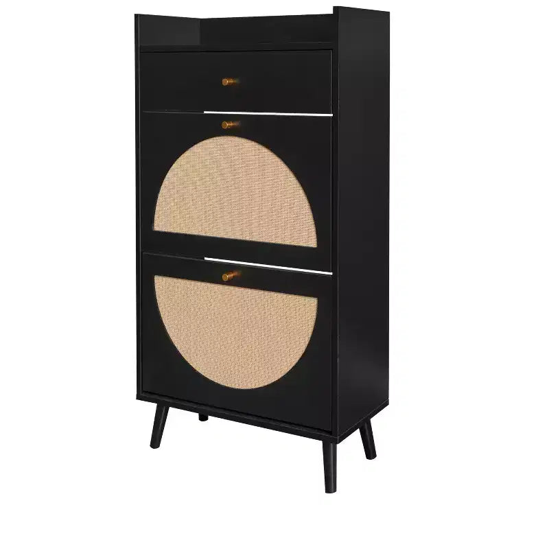 Okak Rattan Shoe Cabinet, Shoe Organizer 3 Panel Flip Drawers, Freestanding Shoe Rack for Entryway, Living Room, Hallway