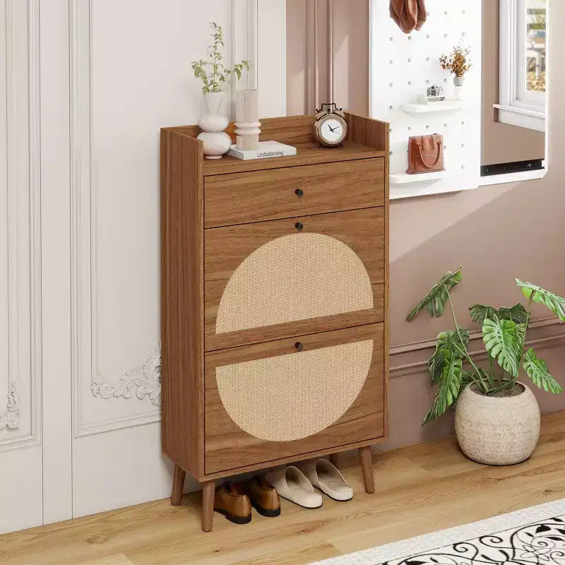 Okak Rattan Shoe Cabinet, Shoe Organizer 3 Panel Flip Drawers, Freestanding Shoe Rack for Entryway, Living Room, Hallway