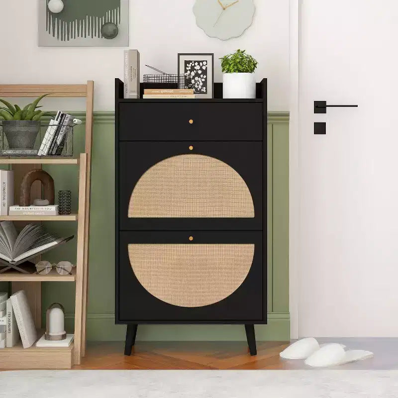 Okak Rattan Shoe Cabinet, Shoe Organizer 3 Panel Flip Drawers, Freestanding Shoe Rack for Entryway, Living Room, Hallway