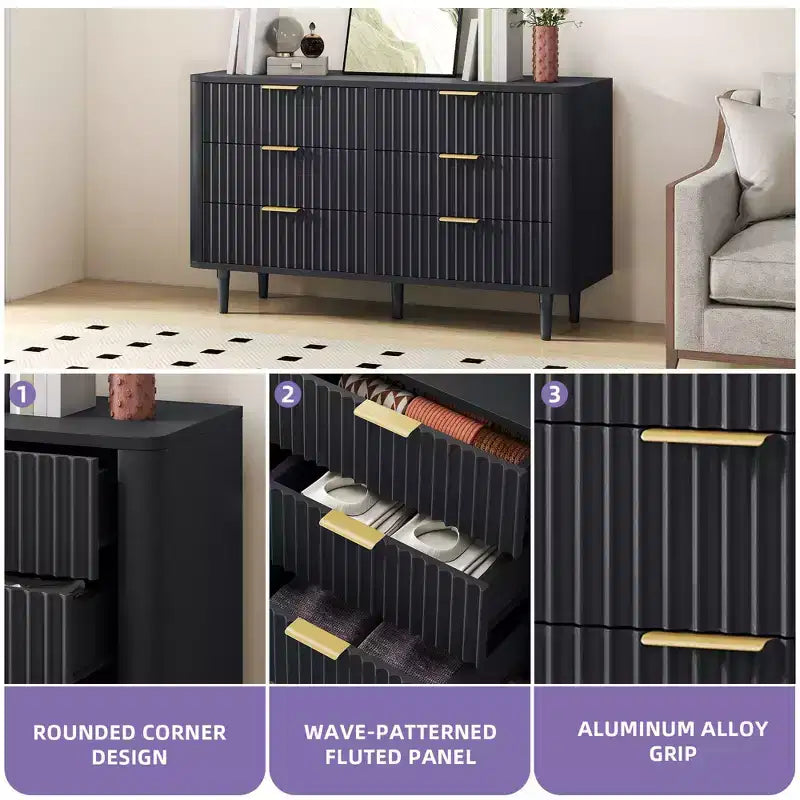Modern 6 Drawer Dresser with Waveform Fluted Panel Wider Closet Dressers Chest of Drawers Wood Storage Dresser Organizer for Living Rooms