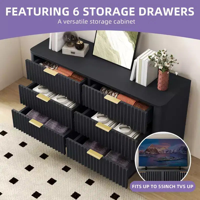 Modern 6 Drawer Dresser with Waveform Fluted Panel Wider Closet Dressers Chest of Drawers Wood Storage Dresser Organizer for Living Rooms