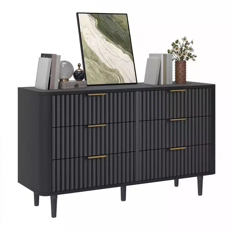 Modern 6 Drawer Dresser with Waveform Fluted Panel Wider Closet Dressers Chest of Drawers Wood Storage Dresser Organizer for Living Rooms